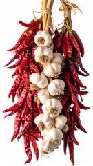 Hanging Bunch of Red Chili Peppers and Garlic Bulbs on White Background