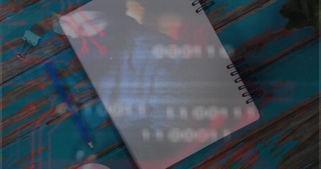 Glitch patterns starting flickering over notebook page forming blurred man shape for projection - Powered by Adobe