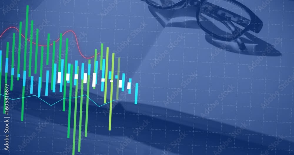 Poster at start, green bars emerging and shifting while red and turquoise lines tracing data evolution