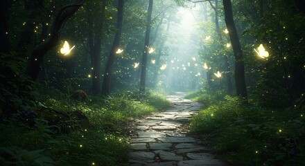 Obraz premium Enchanted Forest Altar Sunbeams and Magical Butterflies