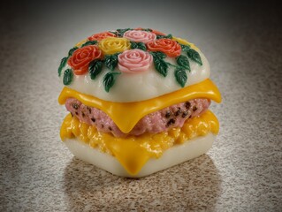 Whimsical Burger Sculpture Adorned with Floral Decorations and Melted Cheese Layers
