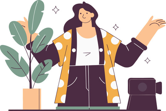 Energetic woman creating video content with camera and plant, radiating creativity and modern lifestyle, perfect for vloggers