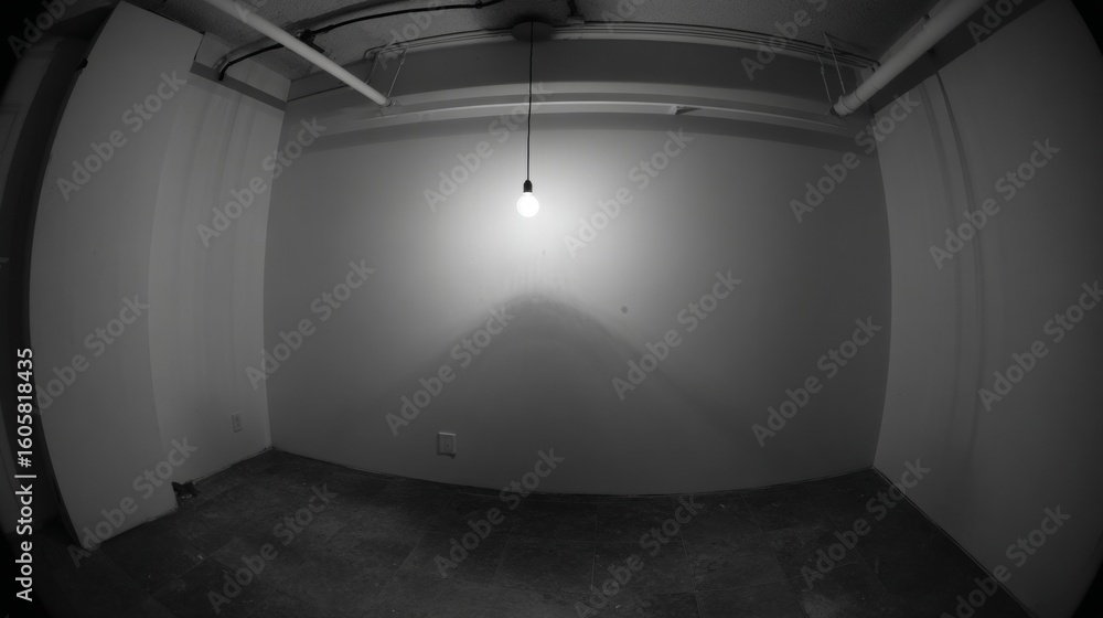 Poster long hallway in an empty building with an illuminated ceiling and light spilling from a distant room