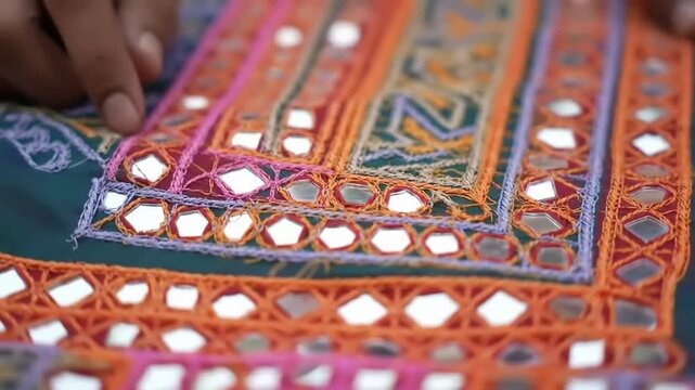 Hands Embroidering Mirrored Textile.