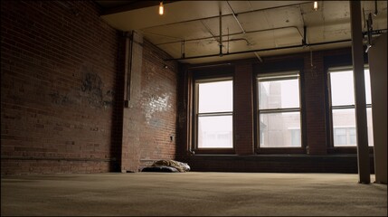 Empty Industrial Interior: The image captures a stark and evocative scene, showcasing the raw beauty of an abandoned industrial space, the rough brick walls, large windows.