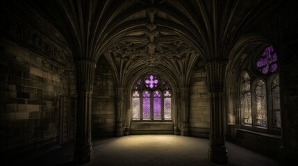 Fototapeta premium Gothic Architecture Interior: A dimly lit Gothic-style interior with ornate arches, tall stained glass windows, and a sense of historic elegance. The light casts intricate shadows. 