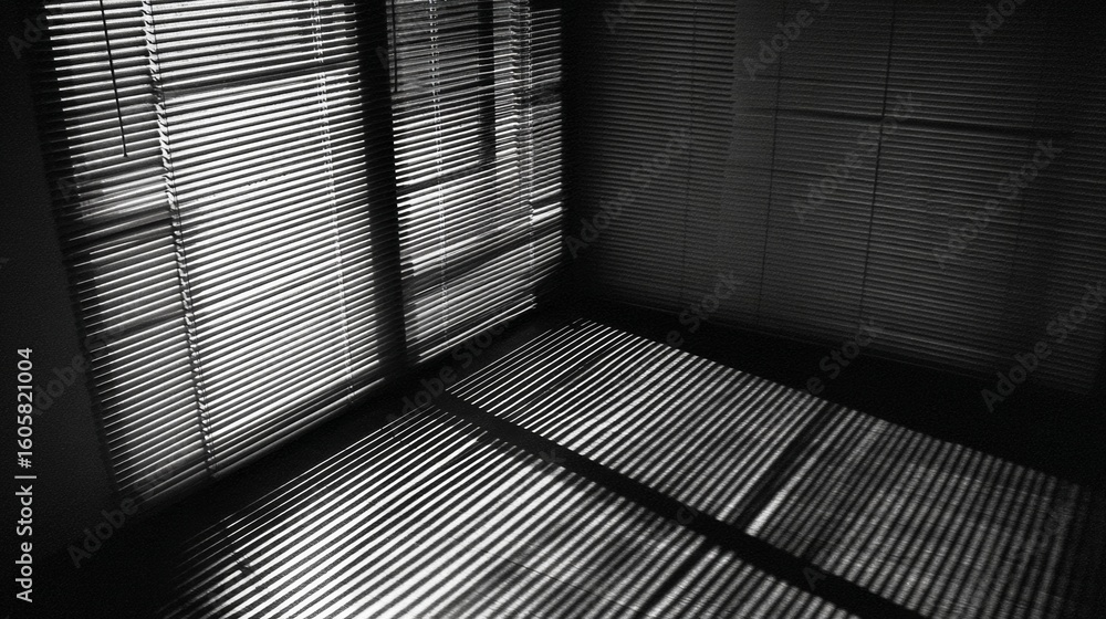 Poster blinds and shadows: a stark monochrome depiction of a room with sunlit blinds casting shadows, creat