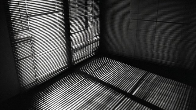 Blinds and Shadows: A stark monochrome depiction of a room with sunlit blinds casting shadows, creating an interplay of light and dark, geometric patterns, and textured surfaces.  - Powered by Adobe