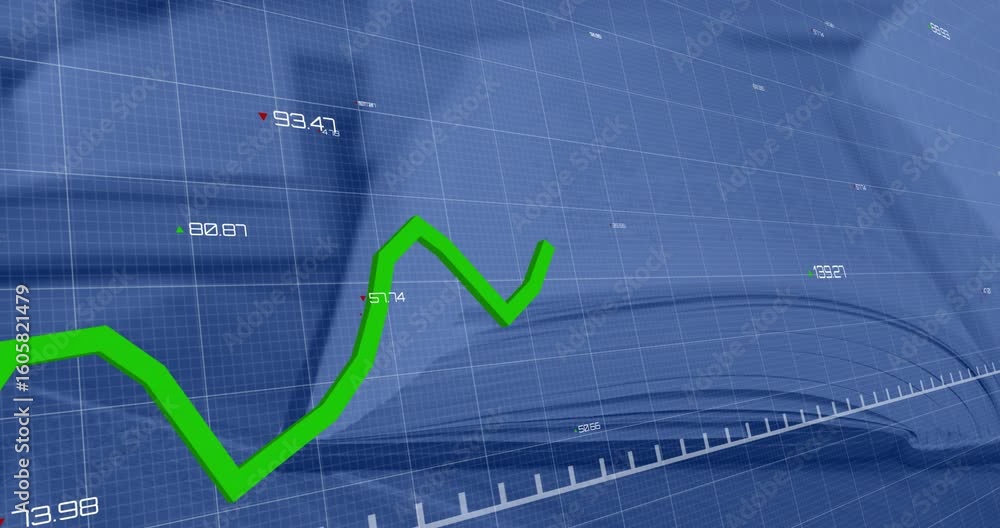 Aufkleber green line appearing left extending peaks troughs fading labels showing trends over open book grid