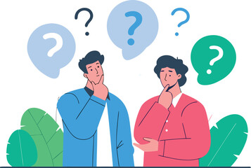 Thoughtful characters with question marks solving problems or searching solutions. Problem solving and choice. Smart man thinking or puzzled. Frequently asked questions concept. Business thinking