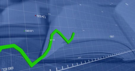 Green line appearing left extending peaks troughs fading labels showing trends over open book grid - Powered by Adobe
