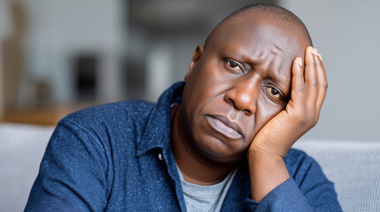 Emotional man resting head on hand while deep in thought indoors