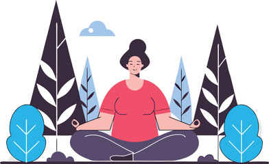 Peaceful woman practices meditation in nature, finding calm and balance for wellness, mindfulness and stress relief, vector art