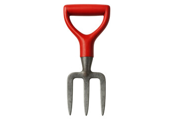 Small hand cultivator with red handle and three metal prongs, isolated on transparent background, ideal for gardening and planting