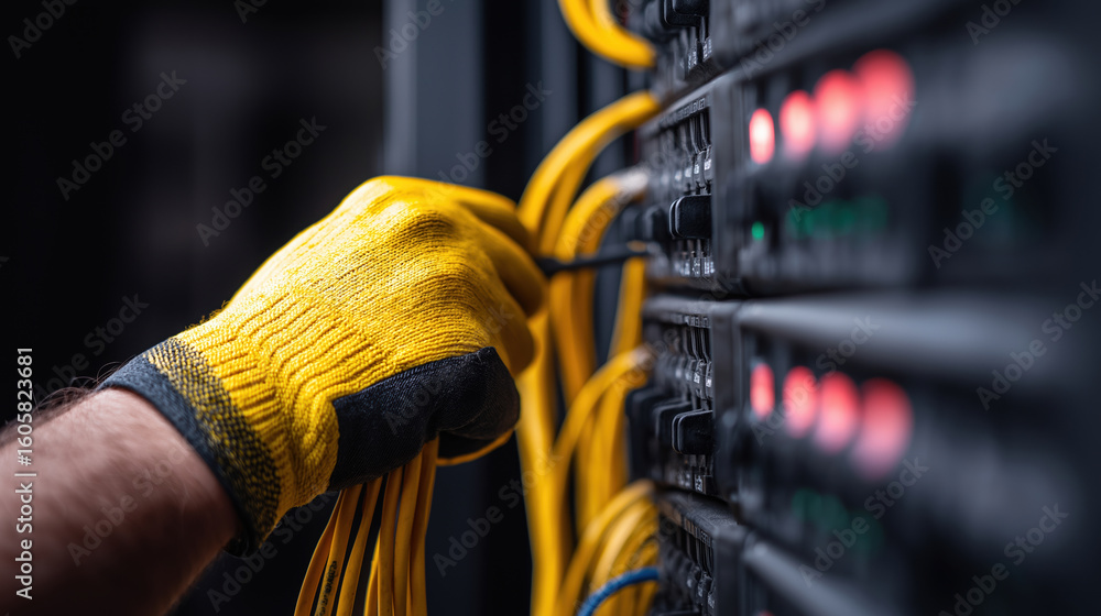 Poster technician working on server cables in a data center during late evening