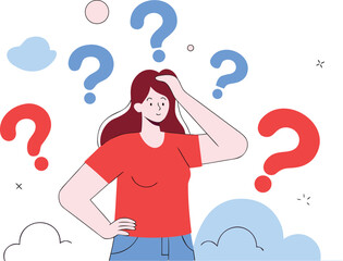  Young woman doubts and questioning everything. Young girl in casual clothes surrounded by a question mark. Flat cartoon vector illustration 