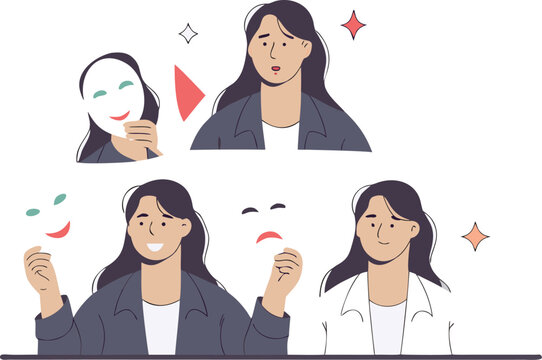 Exploring emotional intelligence and personality traits, a woman navigates various moods showcasing self-awareness and inner feelings in a modern expressive style