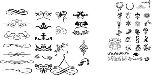 A vintage vector set of animal icons featuring floral elements and an ornate black swirl frame, perfect for heraldic design or retro tattoo art
