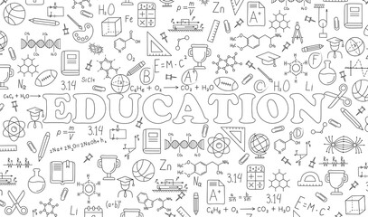 Background with the word “education” in the center, surrounded by scientific formulas. Drawn formulas, scientific attributes. Concept: Education in college and university. Background on a school theme