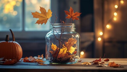Creative autumn home decor with mason jar filled with golden maple leaves, warm fairy lights and orange pumpkin - DIY seasonal crafts and cozy interior design