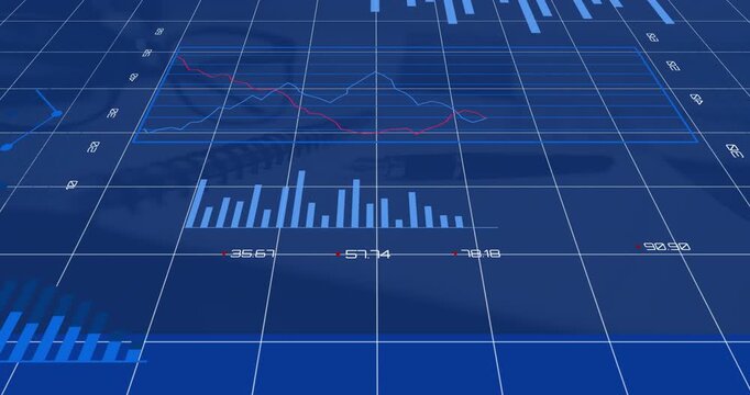 On start dark-blue grid dashboard animating charts, pies merging into donut chart to visualize data