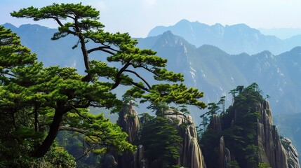 Spectacular Mount Huangshan view featuring jagged granite peaks, swirling clouds, ancient pine trees clinging to cliffs, stone steps winding through mist, and sunrise over the sea of clouds
