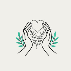 Hands Forming Heart Shape with Leaves (Minimal Line Art)

