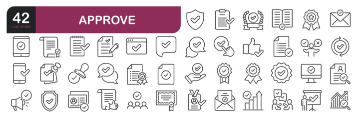 Set of line icons related to approve, accept, validation, legal, checkmark. Outline icons collection. Editable stroke.