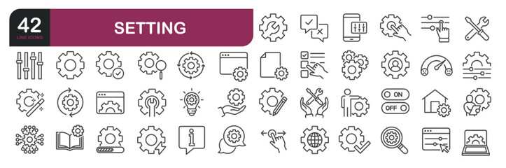 Set of line icons related to seting, setup, customize. Outline icons collection. Editable stroke.
