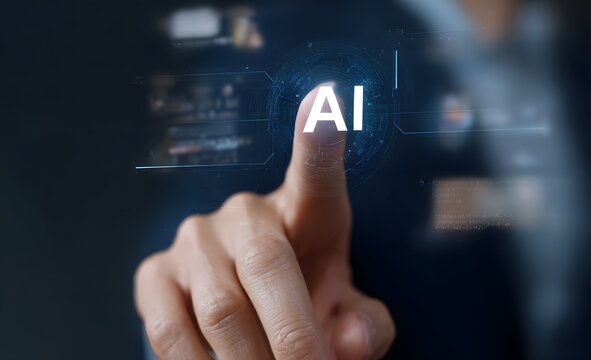 Finger touching AI interface hologram
