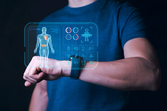 Futuristic Health Monitoring System Displaying Detailed Body Scan Information on a Smartwatch Worn by an Individual in a Blue Shirt Technology Integration
