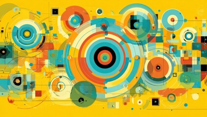 Fototapeta premium Colorful abstract design with concentric circles and geometric shapes.