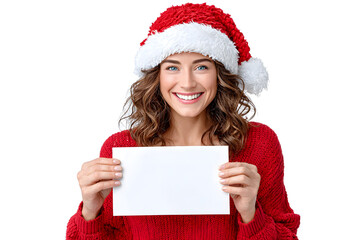 Cheerful Young Woman with Santa Hat Holding Blank Card Portrait. Ai Generated Images