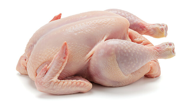 A fresh, whole raw chicken, meticulously cleaned and presented against a clean white background.