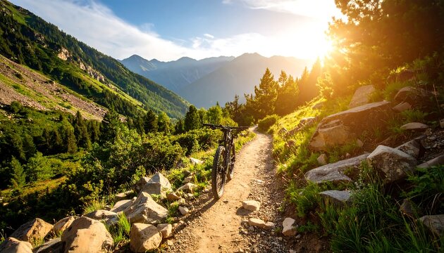 Mountain biking adventure: Exploring scenic trails at sunset in the wilderness
