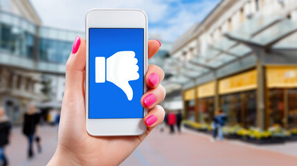 Hand holding smartphone with dislike symbol in a busy city mall setting