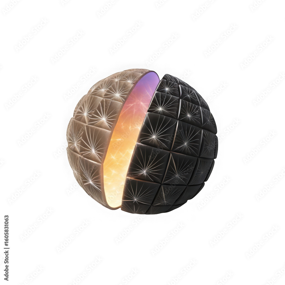 Poster abstract glowing sphere with cutaway revealing internal light and geometric patterns isolated on tra