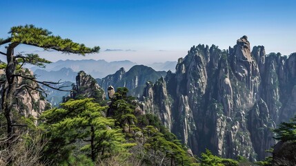 Spectacular Mount Huangshan view featuring jagged granite peaks, swirling clouds, ancient pine trees clinging to cliffs, stone steps winding through mist, and sunrise over the sea of clouds
