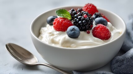 Creamy yogurt topped with vibrant berries and fresh mint, a healthy and delicious breakfast.