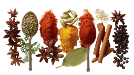 Vibrant collection of aromatic spices and herbs like star anise, peppercorns, cinnamon, cardamom, turmeric, paprika, and bay leaf, perfect for culinary inspiration and food presentations