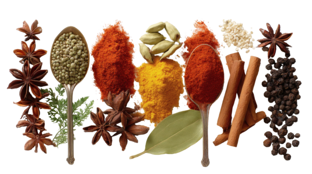 Vibrant collection of aromatic spices and herbs like star anise, peppercorns, cinnamon, cardamom, turmeric, paprika, and bay leaf, perfect for culinary inspiration and food presentations