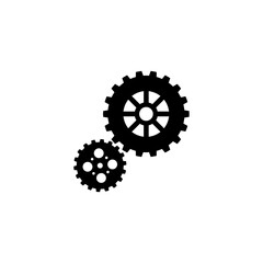 A black and white vector illustration of two gears with a clean, minimalist design. Suitable for use as a symbol of mechanisms, industrial processes, technology, mechanical engineering, or automation.