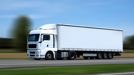 Large white truck driving on a highway surrounded by green fields
