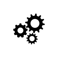 A black and white vector illustration of two gears with a clean, minimalist design. Suitable for use as a symbol of mechanisms, industrial processes, technology, mechanical engineering, or automation.