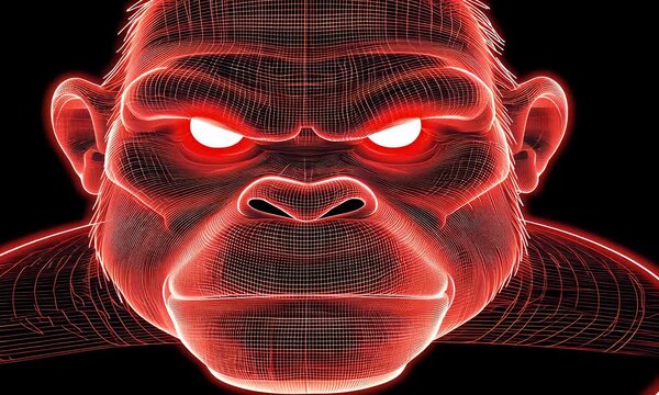 A digital rendering of an angry primate head.  Red glowing wireframe design against a black background.  