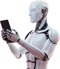 Naklejka premium Humanoid robot holding a tablet device in its hands showcasing advanced technology and artificial intelligence transparent background