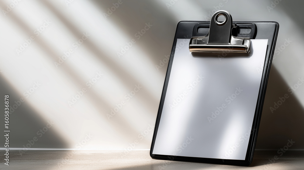 Poster Clipboard with blank sheet positioned on table under soft natural light