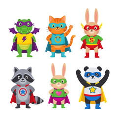 Fototapeta premium Six cartoon animals dressed as superheroes, including a crocodile, cat, rabbit, raccoon, another rabbit, and a panda, all wearing capes and masks.