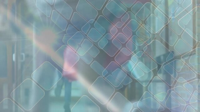 Bell ringing drawing children with backpacks sprinting down hallway under diamond overlay to exit