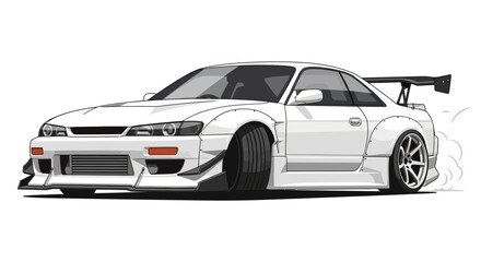 Stylized white sports coupe illustration featuring aggressive stance and smoke effects emphasizing high-performance visuals